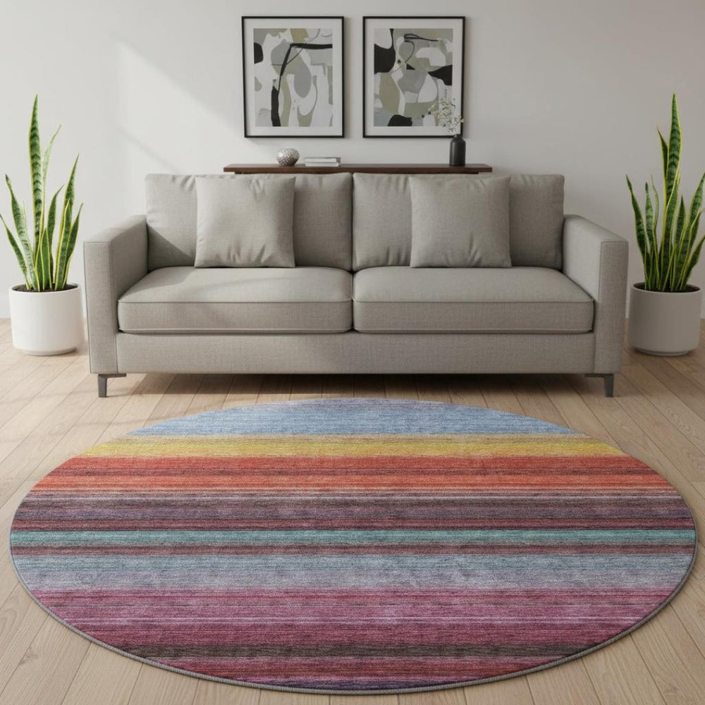 HomeRoots 8' Vibrant Striped Round Rug in Lavender, Red & Orange – Washable, UV-Protected, Pet-Friendly Design 677306