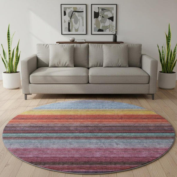 HomeRoots 8' Vibrant Striped Round Rug in Lavender, Red & Orange – Washable, UV-Protected, Pet-Friendly Design 677306