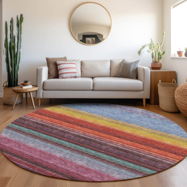HomeRoots 8' Vibrant Striped Round Rug in Lavender, Red & Orange – Washable, UV-Protected, Pet-Friendly Design 677306