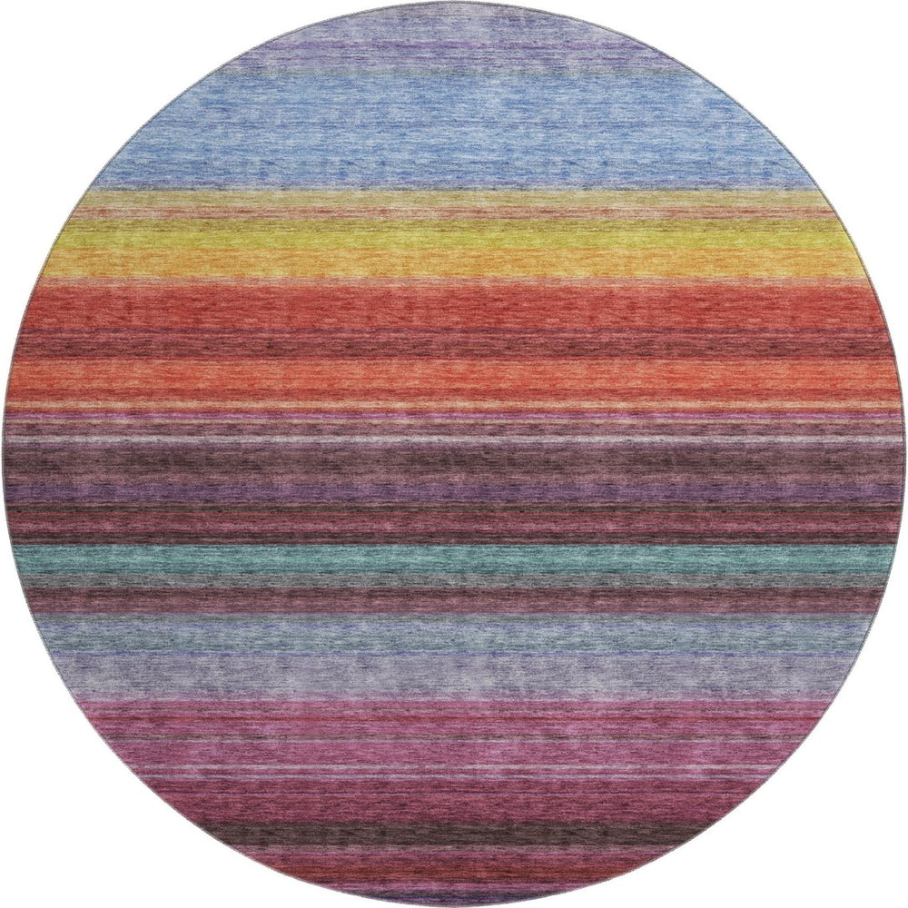 HomeRoots 8' Vibrant Striped Round Rug in Lavender, Red & Orange – Washable, UV-Protected, Pet-Friendly Design 677306