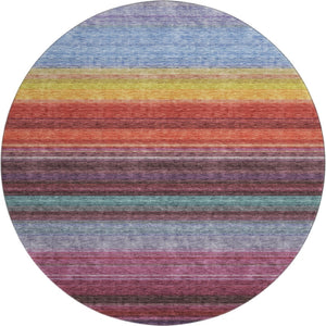 HomeRoots 8' Vibrant Striped Round Rug in Lavender, Red & Orange – Washable, UV-Protected, Pet-Friendly Design 677306