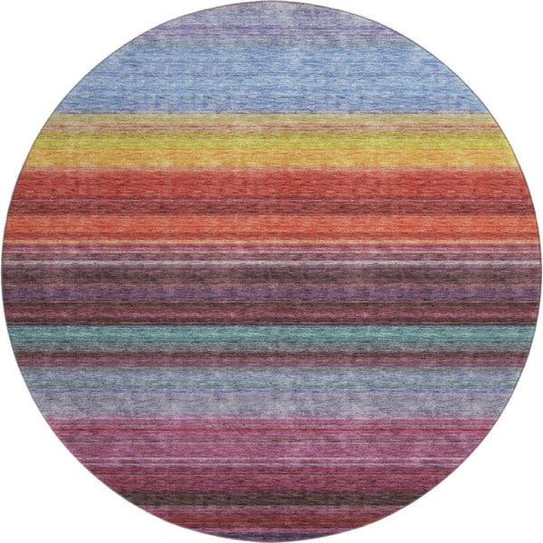 HomeRoots 8' Vibrant Striped Round Rug in Lavender, Red & Orange – Washable, UV-Protected, Pet-Friendly Design 677306