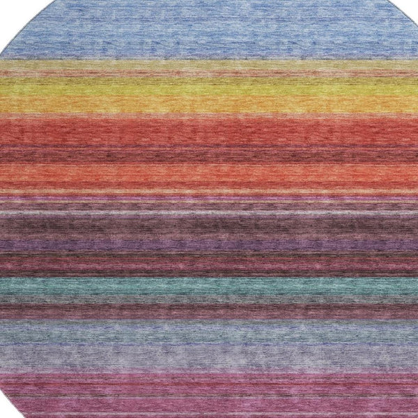 HomeRoots 8' Vibrant Striped Round Rug in Lavender, Red & Orange – Washable, UV-Protected, Pet-Friendly Design 677306
