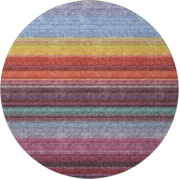 HomeRoots 8' Vibrant Striped Round Rug in Lavender, Red & Orange – Washable, UV-Protected, Pet-Friendly Design 677306