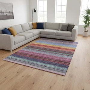 HomeRoots 9' X 12' Vibrant Lavender, Red & Orange Striped Washable Area Rug with UV Protection & Stain Resistance 677308