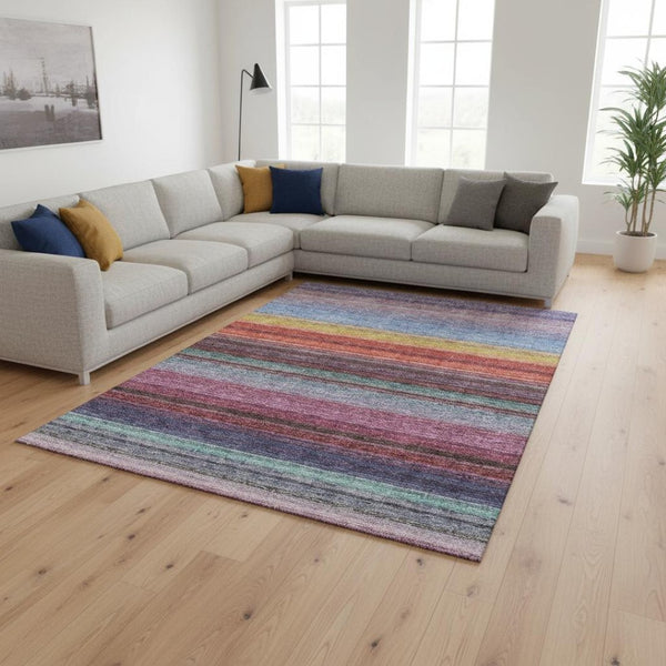 HomeRoots 9' X 12' Vibrant Lavender, Red & Orange Striped Washable Area Rug with UV Protection & Stain Resistance 677308