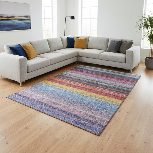 HomeRoots 10' Vibrant Striped Washable Area Rug in Lavender, Red & Orange – UV Protected for Busy Homes! 677309