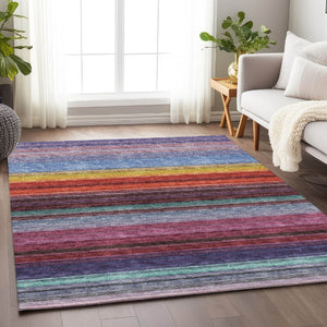 HomeRoots 10' Vibrant Striped Washable Area Rug in Lavender, Red & Orange – UV Protected for Busy Homes! 677309