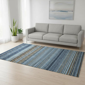 HomeRoots 5' X 8' Navy Blue Brown Taupe Striped Area Rug - Washable, UV Protected, Stain Resistant, Durable Design 677311