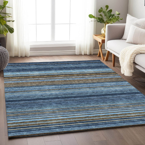 HomeRoots 5' X 8' Navy Blue Brown Taupe Striped Area Rug - Washable, UV Protected, Stain Resistant, Durable Design 677311