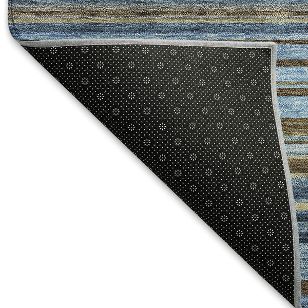 HomeRoots 5' X 8' Navy Blue Brown Taupe Striped Area Rug - Washable, UV Protected, Stain Resistant, Durable Design 677311
