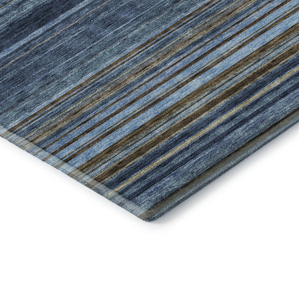 HomeRoots 5' X 8' Navy Blue Brown Taupe Striped Area Rug - Washable, UV Protected, Stain Resistant, Durable Design 677311