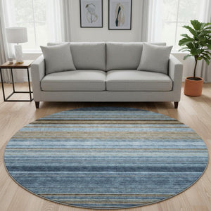 HomeRoots 8' Navy, Brown & Taupe Striped Washable Round Rug with UV Protection for High-Traffic Areas 677312