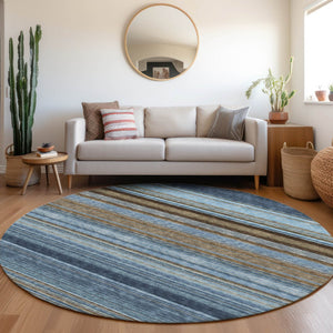HomeRoots 8' Navy, Brown & Taupe Striped Washable Round Rug with UV Protection for High-Traffic Areas 677312