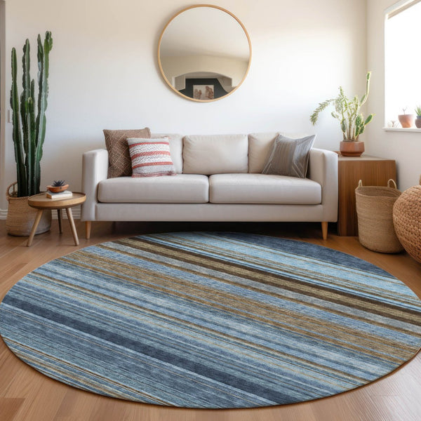 HomeRoots 8' Navy, Brown & Taupe Striped Washable Round Rug with UV Protection for High-Traffic Areas 677312