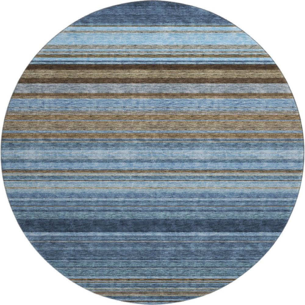 HomeRoots 8' Navy, Brown & Taupe Striped Washable Round Rug with UV Protection for High-Traffic Areas 677312