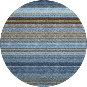 HomeRoots 8' Navy, Brown & Taupe Striped Washable Round Rug with UV Protection for High-Traffic Areas 677312