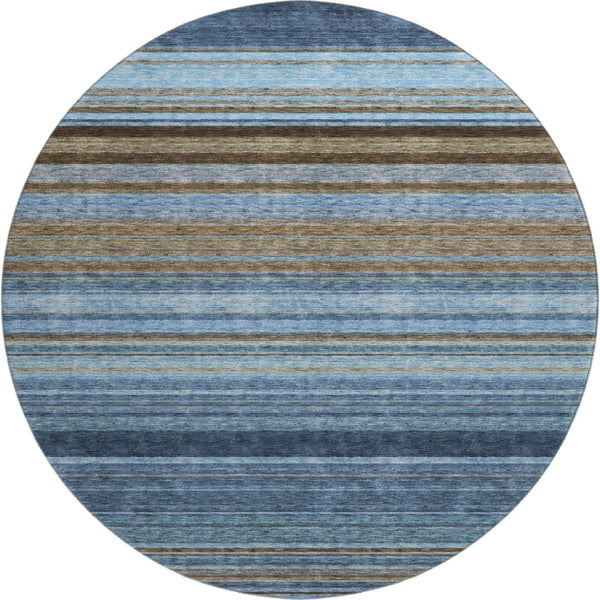 HomeRoots 8' Navy, Brown & Taupe Striped Washable Round Rug with UV Protection for High-Traffic Areas 677312