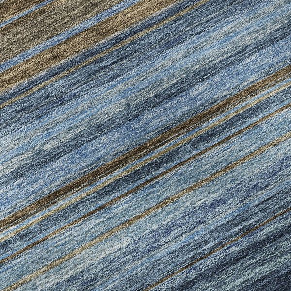 HomeRoots 8' Navy, Brown & Taupe Striped Washable Round Rug with UV Protection for High-Traffic Areas 677312