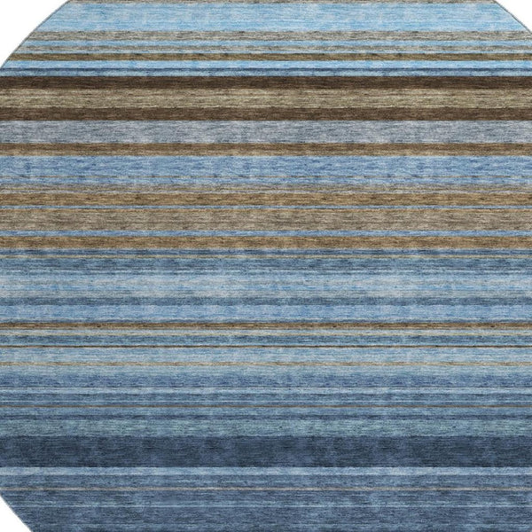 HomeRoots 8' Navy, Brown & Taupe Striped Washable Round Rug with UV Protection for High-Traffic Areas 677312
