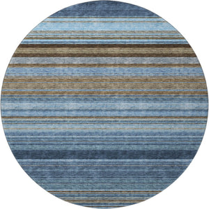 HomeRoots 8' Navy, Brown & Taupe Striped Washable Round Rug with UV Protection for High-Traffic Areas 677312