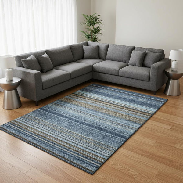 HomeRoots 8' X 10' Stylish Navy Blue, Brown & Taupe Striped Washable Area Rug with UV Protection & Stain Resistance 677313