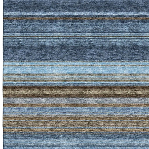 HomeRoots 8' X 10' Stylish Navy Blue, Brown & Taupe Striped Washable Area Rug with UV Protection & Stain Resistance 677313