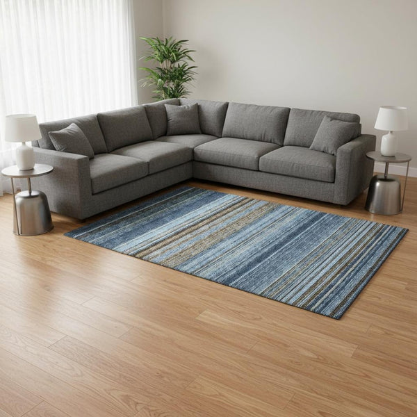 HomeRoots 9' X 12' Washable Navy Blue, Brown & Taupe Striped Area Rug with UV Protection for Busy Homes 677314