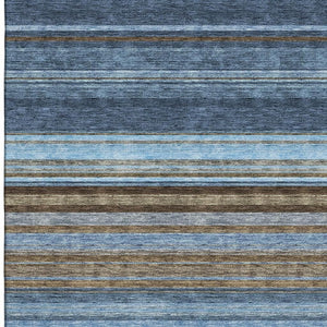 HomeRoots 9' X 12' Washable Navy Blue, Brown & Taupe Striped Area Rug with UV Protection for Busy Homes 677314