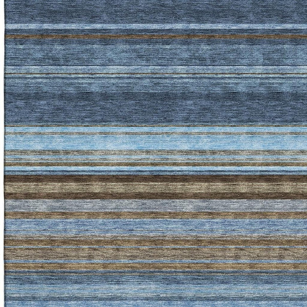 HomeRoots 9' X 12' Washable Navy Blue, Brown & Taupe Striped Area Rug with UV Protection for Busy Homes 677314