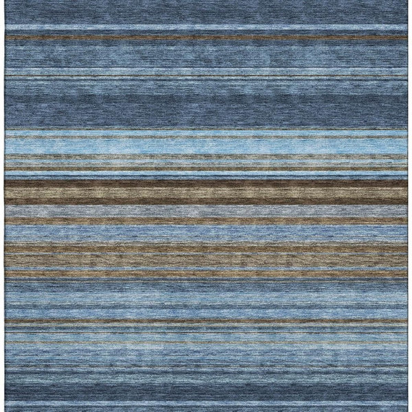 HomeRoots 9' X 12' Washable Navy Blue, Brown & Taupe Striped Area Rug with UV Protection for Busy Homes 677314