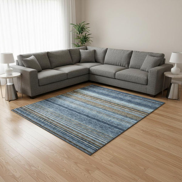 HomeRoots 10' Striped Area Rug in Navy Blue, Brown & Taupe - Washable, UV Protected, Durable for High-Traffic Areas 677315