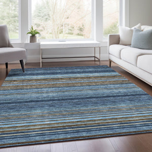 HomeRoots 10' Striped Area Rug in Navy Blue, Brown & Taupe - Washable, UV Protected, Durable for High-Traffic Areas 677315