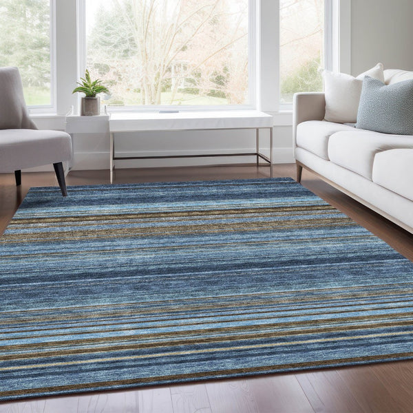 HomeRoots 10' Striped Area Rug in Navy Blue, Brown & Taupe - Washable, UV Protected, Durable for High-Traffic Areas 677315