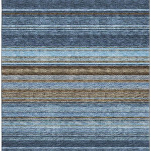 HomeRoots 10' Striped Area Rug in Navy Blue, Brown & Taupe - Washable, UV Protected, Durable for High-Traffic Areas 677315