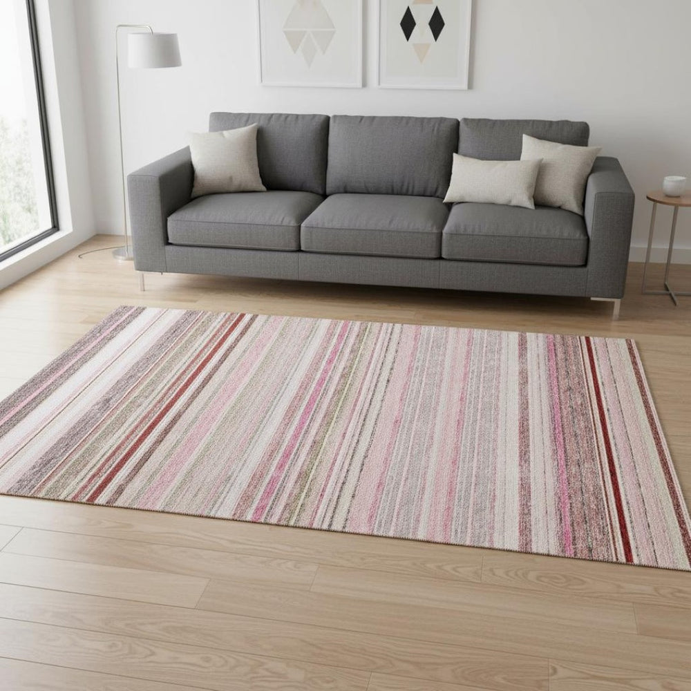 HomeRoots 5' X 8' Pink Burgundy Ivory Striped Area Rug - Washable, UV Protected, Perfect for Busy Homes 677317