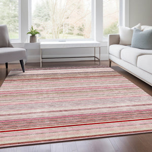 HomeRoots 5' X 8' Pink Burgundy Ivory Striped Area Rug - Washable, UV Protected, Perfect for Busy Homes 677317