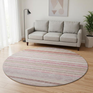 HomeRoots 8' Stylish Pink, Burgundy & Ivory Striped Washable Round Rug with UV Protection for Busy Homes 677318