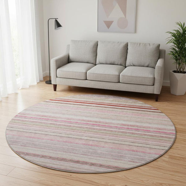 HomeRoots 8' Stylish Pink, Burgundy & Ivory Striped Washable Round Rug with UV Protection for Busy Homes 677318
