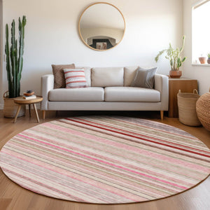 HomeRoots 8' Stylish Pink, Burgundy & Ivory Striped Washable Round Rug with UV Protection for Busy Homes 677318