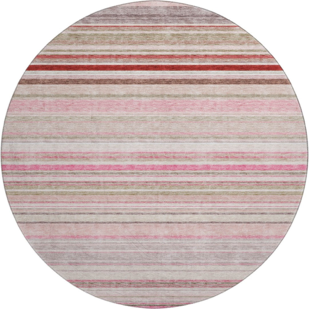 HomeRoots 8' Stylish Pink, Burgundy & Ivory Striped Washable Round Rug with UV Protection for Busy Homes 677318