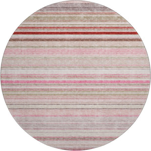 HomeRoots 8' Stylish Pink, Burgundy & Ivory Striped Washable Round Rug with UV Protection for Busy Homes 677318