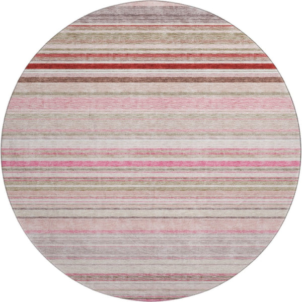 HomeRoots 8' Stylish Pink, Burgundy & Ivory Striped Washable Round Rug with UV Protection for Busy Homes 677318