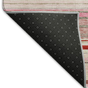 HomeRoots 8' Stylish Pink, Burgundy & Ivory Striped Washable Round Rug with UV Protection for Busy Homes 677318