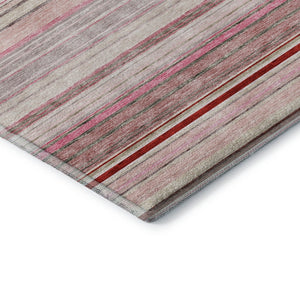 HomeRoots 8' Stylish Pink, Burgundy & Ivory Striped Washable Round Rug with UV Protection for Busy Homes 677318