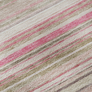 HomeRoots 8' Stylish Pink, Burgundy & Ivory Striped Washable Round Rug with UV Protection for Busy Homes 677318