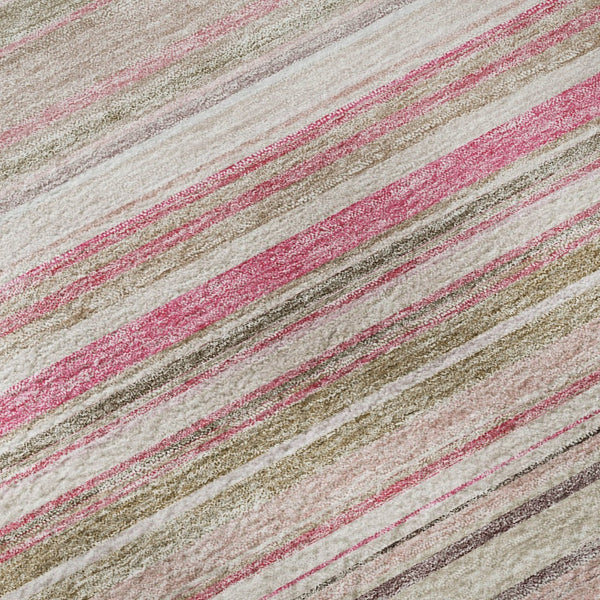 HomeRoots 8' Stylish Pink, Burgundy & Ivory Striped Washable Round Rug with UV Protection for Busy Homes 677318