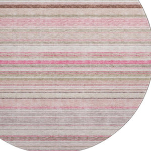 HomeRoots 8' Stylish Pink, Burgundy & Ivory Striped Washable Round Rug with UV Protection for Busy Homes 677318