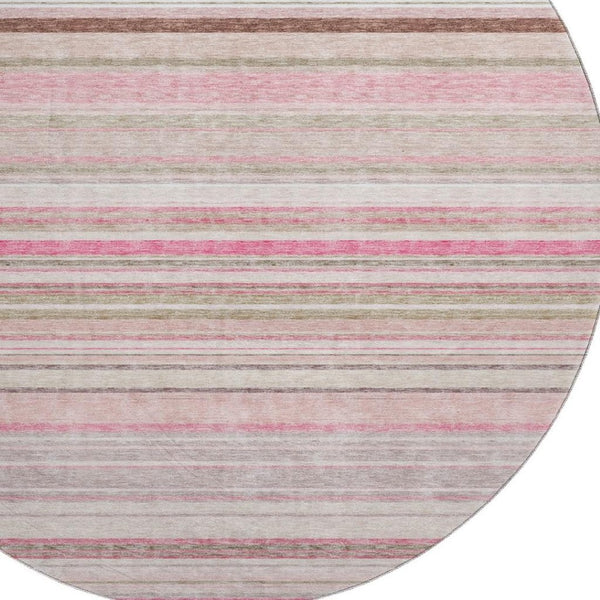 HomeRoots 8' Stylish Pink, Burgundy & Ivory Striped Washable Round Rug with UV Protection for Busy Homes 677318