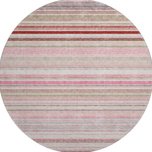 HomeRoots 8' Stylish Pink, Burgundy & Ivory Striped Washable Round Rug with UV Protection for Busy Homes 677318
